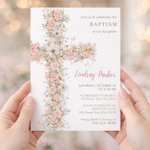 Floral Baptism Phone Invitation Elegant Dusty Pink Template Girl Beige Flower Invite Template Christening Invitation Pink Baptism Digital image 1