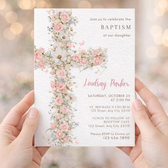 Floral Baptism Phone Invitation Elegant Dusty Pink Template Girl Beige Flower Invite Template Christening Invitation Pink Baptism Digital