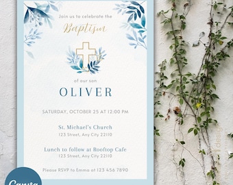 Baptism Invitation For Boy Modern Template Baptism Invitation Phone Blue Watercolor Boys Gold Baptism Evite Digital Invite Christening Canva