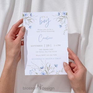 Boy Baby Shower Invitation, Blue Floral Baby Shower Invite, Dusty Blue Flowers Baby Shower Invitation, It&#39;s A Boy Baby Shower, Phone Invite
