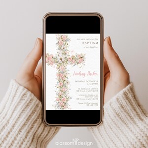 Floral Baptism Phone Invitation Elegant Dusty Pink Template Girl Beige Flower Invite Template Christening Invitation Pink Baptism Digital image 11
