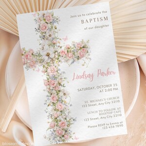 Floral Baptism Phone Invitation Elegant Dusty Pink Template Girl Beige Flower Invite Template Christening Invitation Pink Baptism Digital image 7