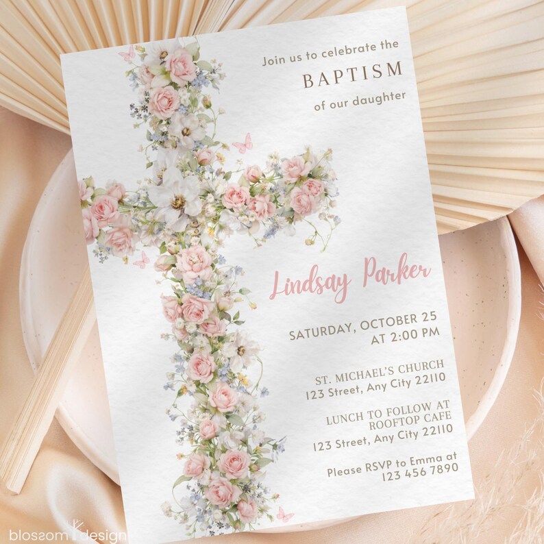 Floral Baptism Phone Invitation Elegant Dusty Pink Template Girl Beige Flower Invite Template Christening Invitation Pink Baptism Digital image 7