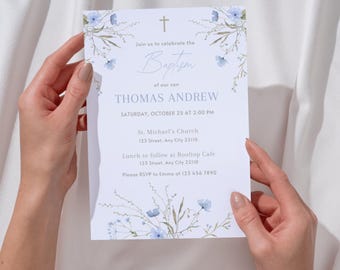 Modern Boy Blue Baptism Invitation Template, Boy Baptism Invitation, Christening Invite, Invitacion Bautizo Niño, Canva Editable Baptism