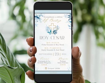 Modern Boy Baptism Invitation Template, Boy Baptism Invitation, Christening Invite, Invitacion Bautizo Niño, Wildflower Digital Invitation