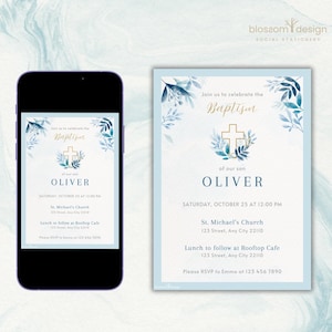 Baptism Invitation For Boy Modern Template Baptism Invitation Phone Blue Watercolor Boys Gold Baptism Evite Digital Invite Christening Canva