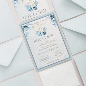 Modèle d'invitation de baptême moderne Invitation de baptême pour garçon Téléphone Bleu Aquarelle Garçons Or Baptême Evite Invitation numérique Baptême Canva
