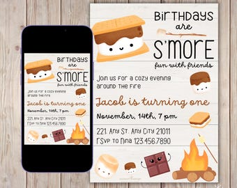 S'mores Birthday Invitation, Campfire Party, Bonfire Birthday Invite, Backyard Bonfire Invite, Bonfire Party Invite, Editable Canva Template