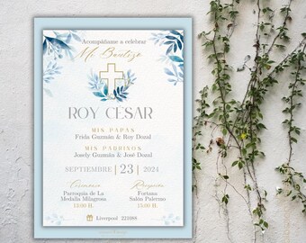 Modern Baptism Invitation Template, Baptism Invitation, Blue Watercolor Boys Gold Baptism Evite, Invite Christening Invitacion Bautizo Niño