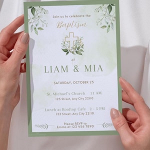 Christening Evite Digital Baptism Invitation, Electronic Christening Invitation Template, Greenery Christening Invite For Boy and Girl Canva