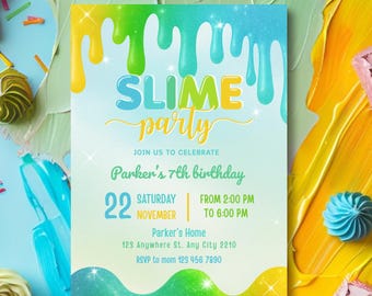 Slime Birthday Invitation, EDITABLE Neon Glow Slime Party Invite Template, Girl Birthday Party, Glitter Slime Time, Slime CANVA