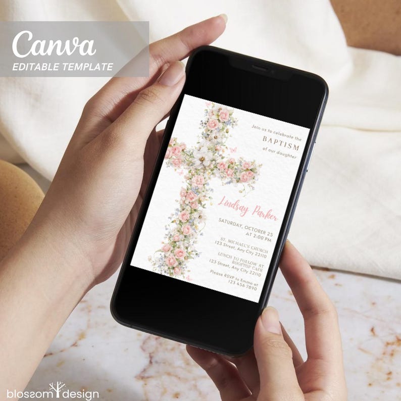 Floral Baptism Phone Invitation Elegant Dusty Pink Template Girl Beige Flower Invite Template Christening Invitation Pink Baptism Digital image 4