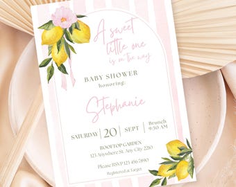 Sweet Little One Lemon Baby Shower Invitation Pink Lemon Baby Shower Invite Lemonade Summer Yellow Editable  Invite Download Canva Template