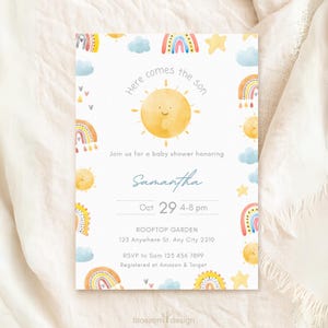 Here Comes the Son, Digital Baby Shower Invitation Template,Boho Sonshine Shower Invite, Sunshine & Rainbow, Sunshine Baby Shower Invitation