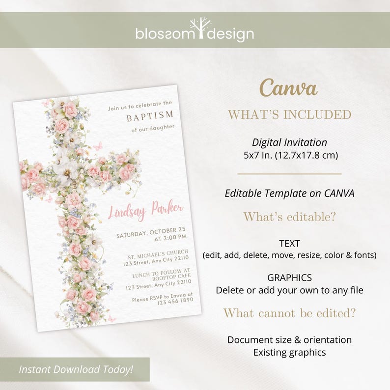 Floral Baptism Phone Invitation Elegant Dusty Pink Template Girl Beige Flower Invite Template Christening Invitation Pink Baptism Digital image 9