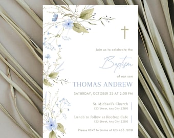 Modern Boy Baptism Invitation Template, Boy Baptism Invitation, Christening Invite, Invitacion Bautizo Niño, Wildflower Digital Invitation
