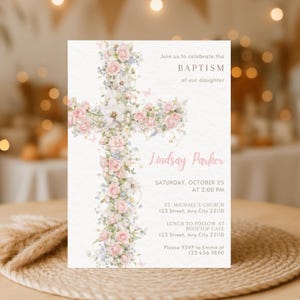 Floral Baptism Phone Invitation Elegant Dusty Pink Template Girl Beige Flower Invite Template Christening Invitation Pink Baptism Digital image 6