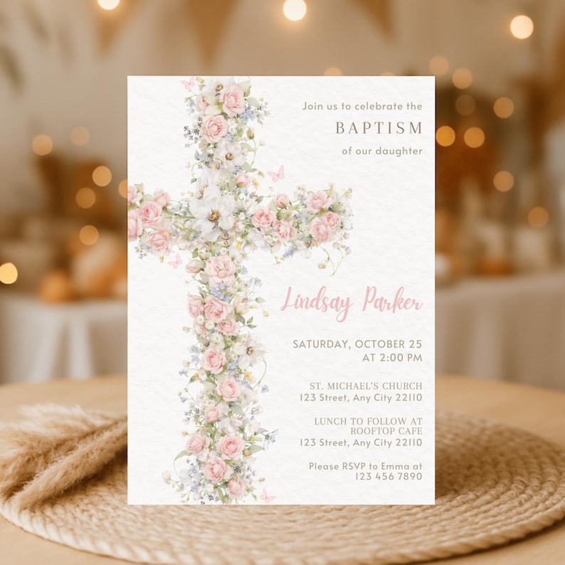 Floral Baptism Phone Invitation Elegant Dusty Pink Template Girl Beige Flower Invite Template Christening Invitation Pink Baptism Digital image 6