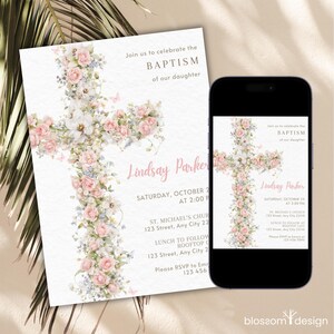Floral Baptism Phone Invitation Elegant Dusty Pink Template Girl Beige Flower Invite Template Christening Invitation Pink Baptism Digital image 3