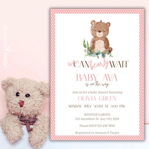 EDITABLE Bear Baby Shower Invitation | We Can Bearly Wait Bear Invite bundle | Greenery Teddy Bear | | Printable Template or Printed