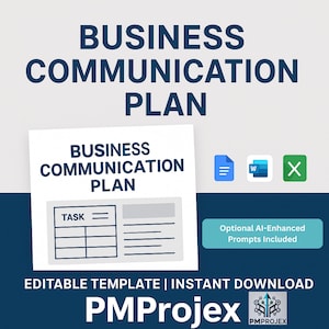 May include: A digital business communication plan template with the title "BUSINESS COMMUNICATION PLAN" in large, bold text. The template includes a task list and a section for notes. Icons for Google Docs, Word, and a checkmark are included.
