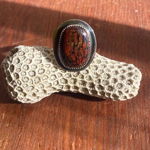 May include: A silver ring featuring a large, oval-shaped cabochon stone with a mottled pattern of deep red, brown, and black colors. The stone is set in a smooth silver bezel with a decorative serrated edge, mounted on a polished silver band.