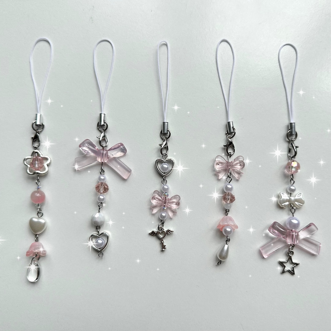 Dainty Pink Phone Charms, Beaded Keychain, Pearl Charms, Y2K, Coquette