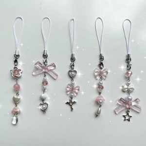 Dainty Pink Phone Charms, Beaded Keychain, Pearl Charms, Y2K, Coquette, Dreamy Bag Charm, Bows, Gift Ideas for Her