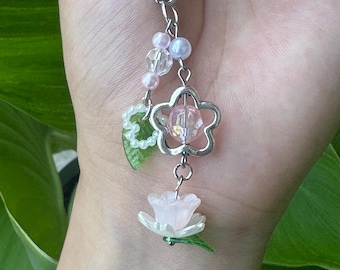 Lily Flower Keychain: Glass Floral Phone Charm with Pearl Accents