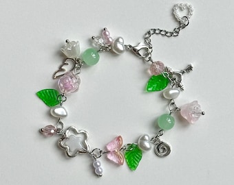Pulsera de cuentas Fairycore: rosa, verde, perla y cuentas de vidrio