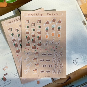 Hoja de pegatinas con iconos de tareas semanales / Bonitas pegatinas de papel para tareas de recados, para agendas y bullet journals / Limpieza, cocina, ejercicios, tareas del hogar
