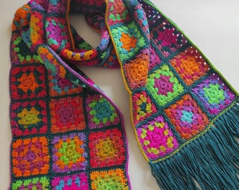 Handmade Crochet Granny Square Scarf – Colorful Patchwork Boho Shawl