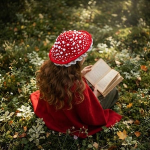 May include: A red mushroom-shaped hat with white spots and a white lace trim. The hat is worn with a red cape. The person is sitting in a grassy area and reading a book.