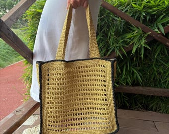 Handmade Raffia Crochet Beach Tote, Lightweight Summer Market Bag, Boho Woven Straw Purse