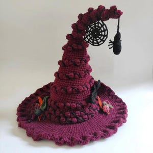 May include: A deep burgundy crocheted hat with a tall, curved, pointed crown featuring a spiraling black yarn accent. The brim is wide and ruffled. A black crocheted spider web and a small black spider hang from the tip of the crown.