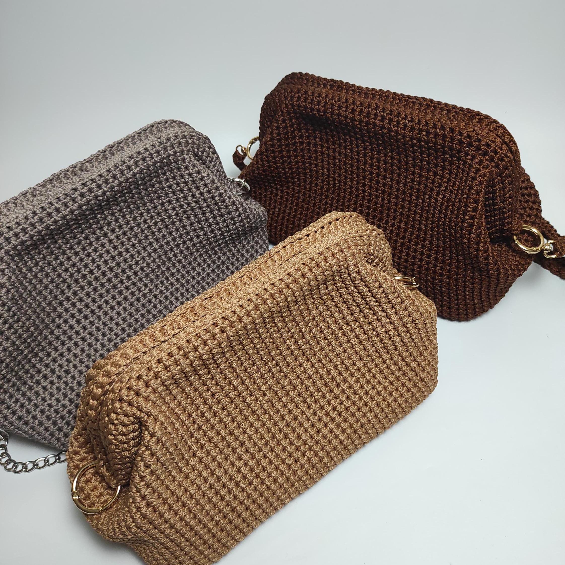 Brown Crochet Boho Clutch Bag w/Tassel Zipper & Inner Pocket