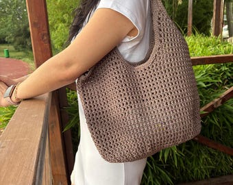 Crochet Mesh Beach Bag, Boho Summer Tote, Handmade Knit Shoulder Bag, Lightweight Market Bag