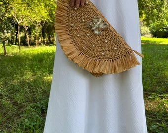 Raffia Clutch Bag with Bead, Personalized Embroidery Letter Beaded Bag, Bride Raffia Beaded Clutch, Crochet Clutch, Wedding Clutch