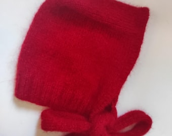 Hand Knit Red Mohair Balaclava Bonnet, Soft Fuzzy Hood with Bow Tie