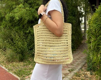 Straw Crochet Mesh Bag, Large Woven Shoulder Bag, Coastal Summer Raffia Beach Tote