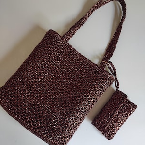 Metallic Raffia Crochet Mesh Beach Bag- Shiny Crochet Daily Bag - Boho Woven Shoulder Bag - Glitter Raffia Tote Bag - Sparkle Crochet Bag