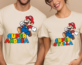 Custom Name Super Mario T-Shirt, Matching Gamer Couple Vacation Shirts, Personalized Video Game Party Gift, Family Gaming Outfits