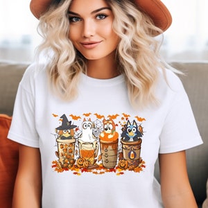Bluey Coffee Shirt, Bluey And Bingo Latte Drink Shirt, Funny Halloween Shirt, Coffee Lover Shirt, Bluey Halloween, Cartoon Dog T-shirt