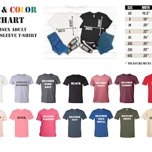 Puede incluir: Una tabla de tallas para camisetas de manga corta unisex para adultos, con una variedad de colores, incluyendo blanco, negro, gris jaspeado, malva jaspeado, granate jaspeado, rojo, melocot&oacute;n jaspeado, rosa, frambuesa jaspeado, azul marino jaspeado, azul real jaspeado, verde militar y arena. La tabla muestra el ancho y la longitud de cada talla, de XS a 4XL, en pulgadas.
