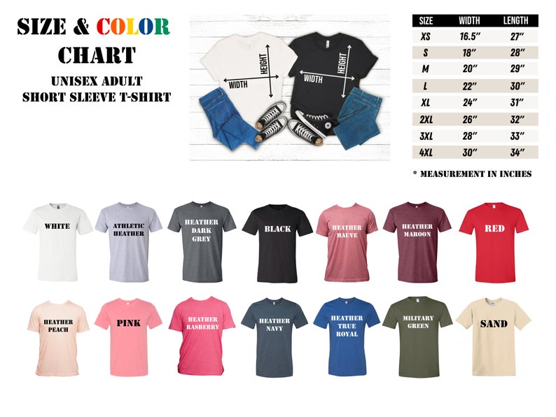 Puede incluir: Una tabla de tallas para camisetas de manga corta unisex para adultos, con una variedad de colores, incluyendo blanco, negro, gris jaspeado, malva jaspeado, granate jaspeado, rojo, melocot&oacute;n jaspeado, rosa, frambuesa jaspeado, azul marino jaspeado, azul real jaspeado, verde militar y arena. La tabla muestra el ancho y la longitud de cada talla, de XS a 4XL, en pulgadas.