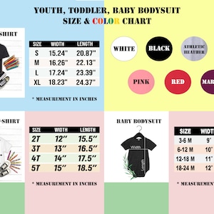 Puede incluir: Tabla de tallas y colores para ropa de ni&ntilde;os, beb&eacute;s y beb&eacute;s. La tabla incluye medidas en pulgadas para camisetas y bodysuits en varios tama&ntilde;os y colores, incluyendo blanco, negro, rosa, rojo, granate, gris deportivo y gris oscuro.