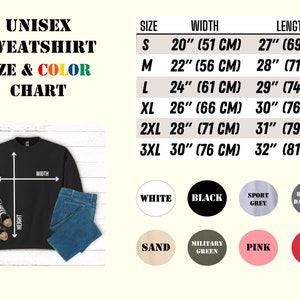 Puede incluir: Tabla de tallas de sudadera unisex con medidas en pulgadas y cent&iacute;metros. La tabla muestra el ancho y la longitud de la sudadera en diferentes tallas, desde la S hasta la 3XL. Los colores disponibles son blanco, negro, gris deportivo, gris oscuro jaspeado, arena, verde militar, rosa y rojo.