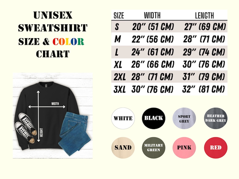 Puede incluir: Tabla de tallas de sudadera unisex con medidas en pulgadas y cent&iacute;metros. La tabla muestra el ancho y la longitud de la sudadera en diferentes tallas, desde la S hasta la 3XL. Los colores disponibles son blanco, negro, gris deportivo, gris oscuro jaspeado, arena, verde militar, rosa y rojo.