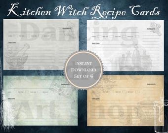 Halloween Kitchen Witch Cottagecore Recipe cards. Set of 4