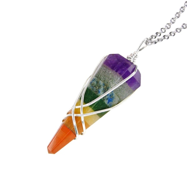 7 Chakra Pendulum Necklace | Natural Gemstone With Chain | Divination | Energy Healing | 7 Chakra Jewellery | Wicca Tool | Handmade in UK